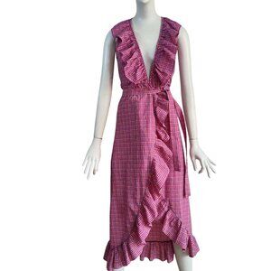 Misa Stella Cottagecore Seersucker Check w Ruffle High Low Hem Wrap Sun Dress XS